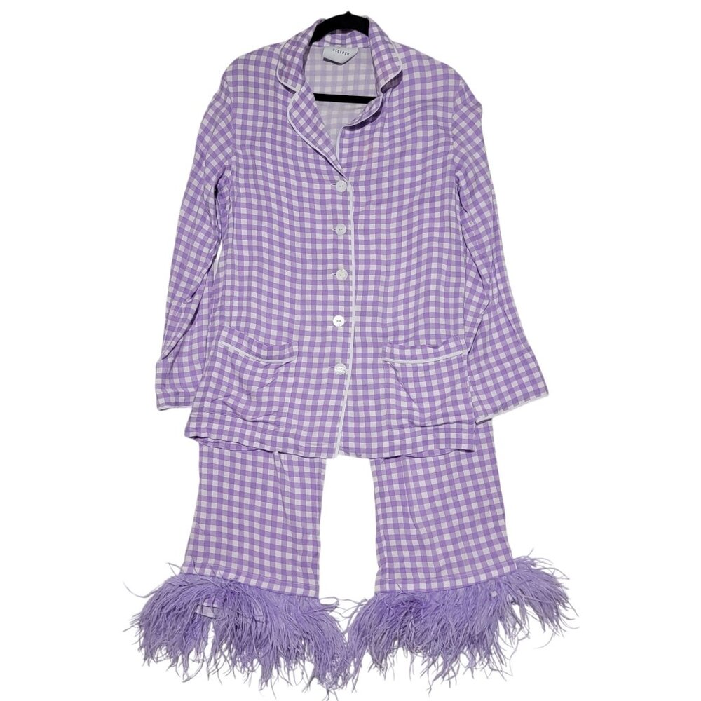 Sleeper Lilac Gingham Two-Piece Pajama Set with Feather Hem